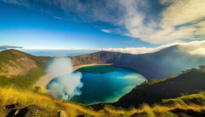 crater lake with smoke in poas volcano national park - obrazy, fototapety, plakaty
