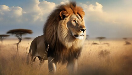 generative ai illustration image of dangerous powerful lion with fluffy mane looking away in savanna