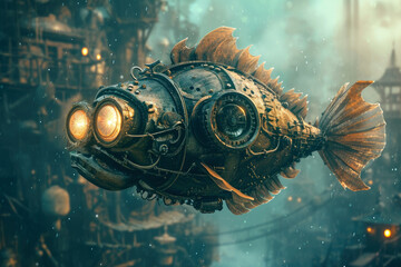 Late afternoon light casts a surreal glow on a steampunk mechanical fish, navigating the fantastical waters of an alien underwater world.