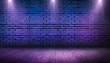 dark blue and purple empty brick wall texture pattern with bright spotlights neon tubes and laser...