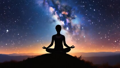 silhouette of human sitting on stars background woman yoga pose meditation in yoga psychology and relax nightly starry space landscape success and motivation lifestyle and freedom concept