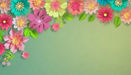 colorful paper cut flowers on wall decor floral banner top view copyspace and empty background beautiful wall decor flowers with empty space for text blank space
