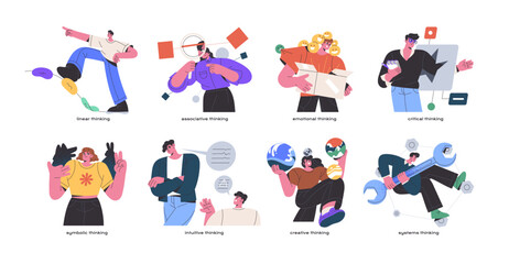 People with different mental mindset set. Thinking types: creative, linear, emotional, critical, intuitive. MBTI, psychological model of thoughts. Flat isolated vector illustration on white background