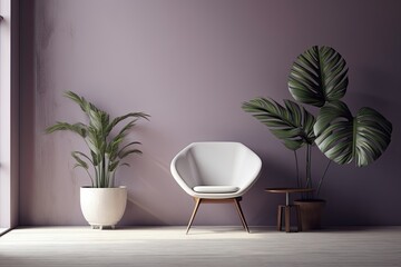 mock up of a minimalist room with a white chair, a little palm tree plant in a ring shaped concrete planter, and an empty, purple wall hue. An example