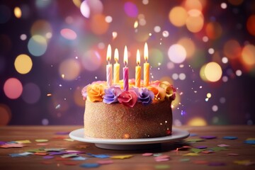 birthday cake with candles on table in bokeh background