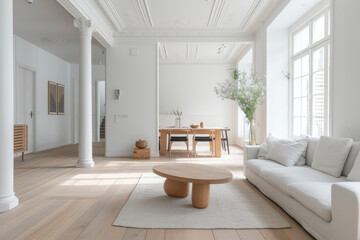 Fototapeta na wymiar The elegance of minimalist living room design, showcasing serene and spacious interiors perfect for modern homes. Discover simplicity and comfort.