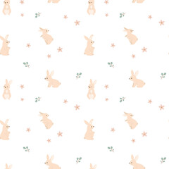 Spring bunnies with florals semaless pattern