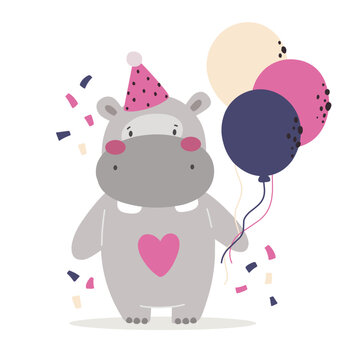 Cute hippo, birthday, party, animal character vector.
