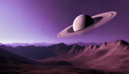 Rolgordijnen Aubergine sci fi landscape with mountains and saturn planet moon and planet on background purple colors elements of this image furnished by nasa