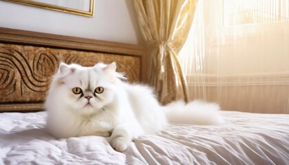 white persian cat on bed with copy space