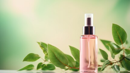 Natural cosmetic makeup , organic skincare serum product packaging with leaves herb on nature beauty concept, herb bio and spa concept.pink background