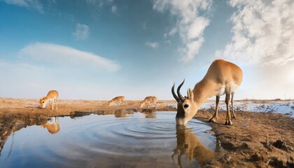 saiga antelope or saiga tatarica drinks in steppe near waterhole in winter - obrazy, fototapety, plakaty