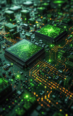 Obraz premium Close-Up of Green Circuit Board. A detailed close-up of a green circuit board with illuminated paths, representing electronics and computing.