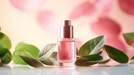 Natural cosmetic makeup , organic skincare serum product packaging with leaves herb on nature beauty concept, herb bio and spa concept.pink background
