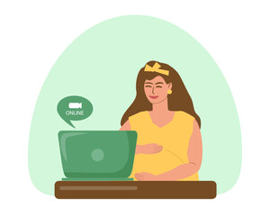 Fototapeta na wymiar A pregnant woman communicates via video. Remote meeting with colleagues, work clients, friends or loved ones on maternity leave. Modern technologies, pregnancy, motherhood, Vector illustration