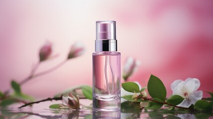 Natural cosmetic makeup , organic skincare serum product packaging with leaves herb on nature beauty concept, herb bio and spa concept.pink background