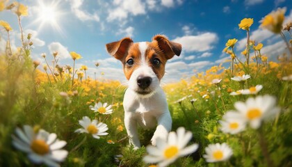 jack russell terrier puppy in flower field