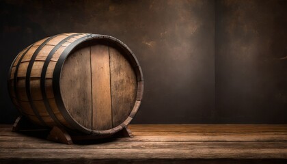 rustic barrels for beverage in a dark wine cellar wooden empty surfaces for copy space mockup template for design of beer wine alcohol products vintage retro style background - obrazy, fototapety, plakaty