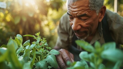Senior gentleman gathering fresh herbs outdoors.