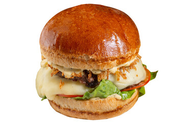 Burger with meat steak, lettuce leaf and melted cheese