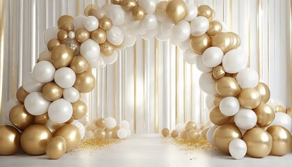 Fototapeta na wymiar wedding arch made from balloon decoration elements for party birthday celebration pastel white and gold background with round spheres