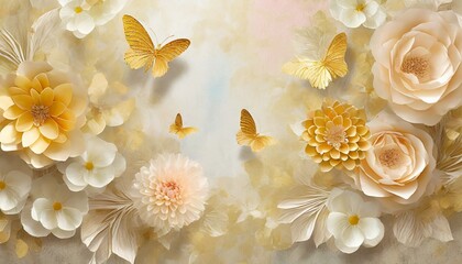 Fototapeta na wymiar decorative mural with golden butterflies and paper flowers romantic background in pastel colors for photo album 