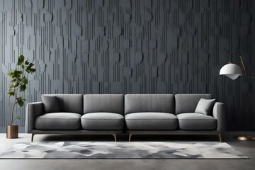 a detailed and imaginative scene featuring a state-of-the-art AI-generated interior, showcasing a contemporary modular sofa against a slate gray solid color pattern wall