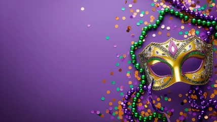 Rolgordijnen Mardi Gras carnival mask and beads on purple background © VetalStock
