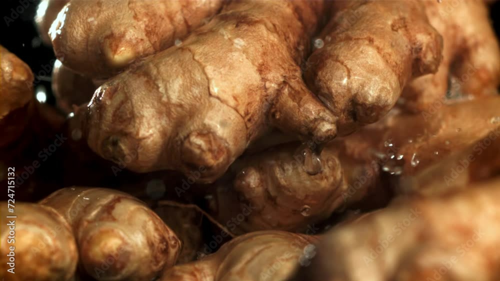 Wall mural drops of water fall on fresh ginger. filmed on a high-speed camera at 1000 fps. high quality fullhd 