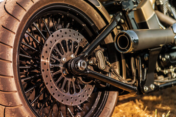 Close-up of the front wheel of a motorcycle