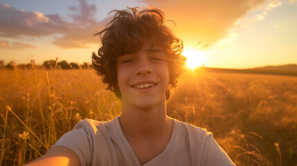 Fototapeta premium a handsome boy taking a selfie in a field at sunset, Generative AI