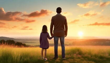 father and daughter watching the sunset back view fatherhood