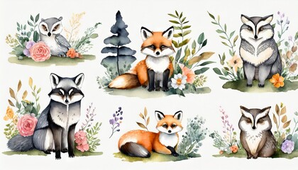 watercolor set of forest cartoon isolated cute baby fox deer raccoon and owl animal with flowers nursery woodland illustration bohemian boho drawing for nursery poster pattern