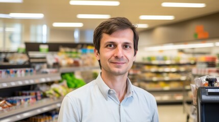 Diverse skin tone showcased in a horizontal portrait of a grocery store cashier man.