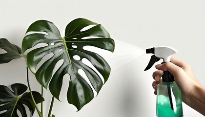 moisturizing leaves with a sprayer taking care of air humidity monstera adans monkey mask - obrazy, fototapety, plakaty