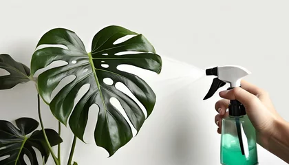 Zelfklevend Fotobehang moisturizing leaves with a sprayer taking care of air humidity monstera adans monkey mask © Kelsey