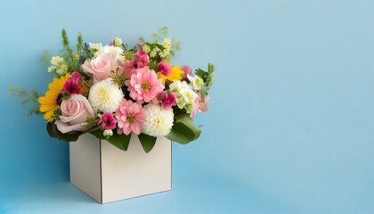 a bunch of fresh blooming flowers placed in box on blue background generative ai