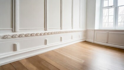 close up of decorative moulding white baseboard in empty room with copy space