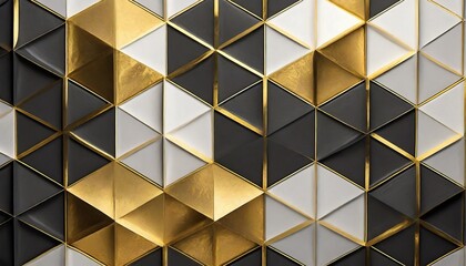 geometric abstraction of hexagons on a black and white relief background with gold elements mural for interior painting wall painting