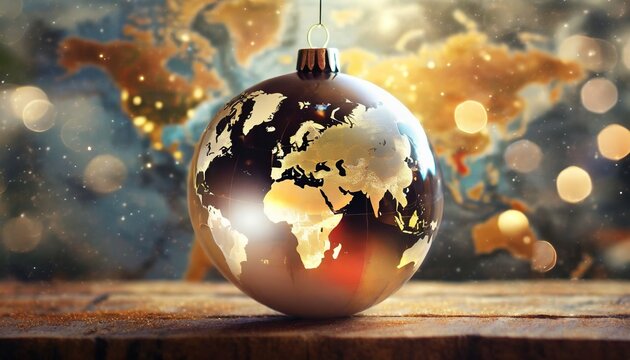 glowing christmas ball with world map photo
