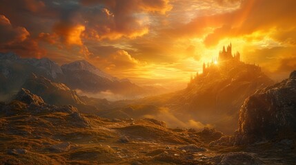Fantasy landscape with castle and mountain at sunset. 3d illustrations