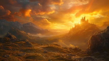 Fototapete Orange Fantasy landscape with castle and mountain at sunset. 3d illustrations