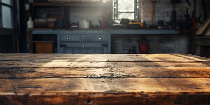 Aged wooden table and workshop setting. Vintage picture with backdrop and representation. Natural light and deep shades.