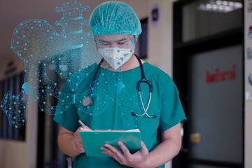 Doctor shows a patient's pelvis anatomy, checks the test result on the virtual interface and...