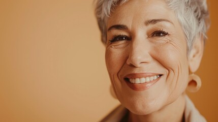 A striking image of a happy older Caucasian woman with grey hair and wrinkles, illuminated by studio lighting for a timeless beauty portrait.