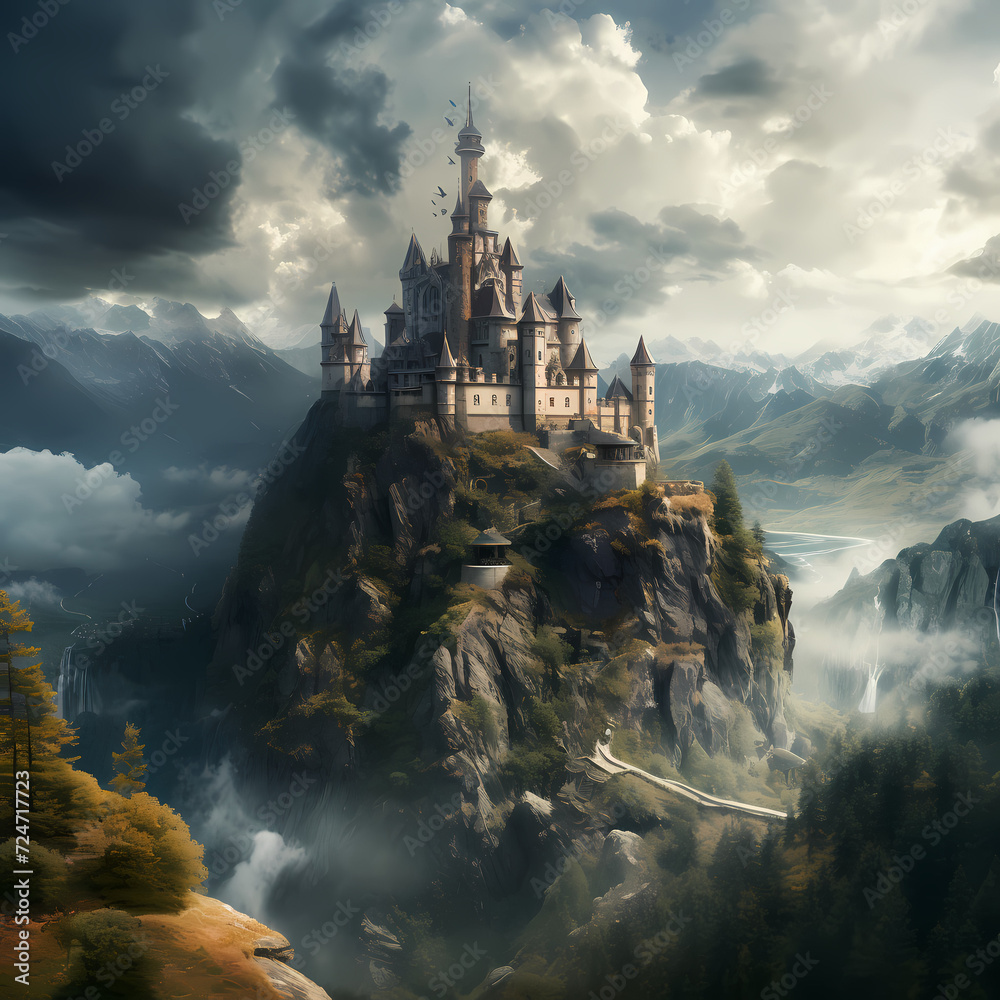 Poster mystical castle on top of a mountain.