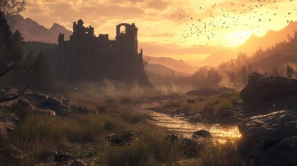 Fototapeta premium Fantasy landscape with castle and mountain at sunset. 3d illustrations