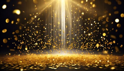 golden confetti shower cascading onto a festive stage illuminated by a central light beam mockup for events such as award ceremonies jubilees new year s parties or product presentations - obrazy, fototapety, plakaty