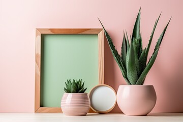 Mockup of a pink frame with a ceramic pot of aloe vera on a wooden table. upright position