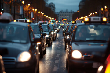 Taxi Strike in Europe: City Street Clogged with Cars at Dusk - obrazy, fototapety, plakaty